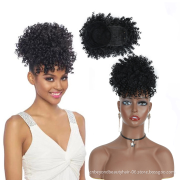 Drawstring Puff Ponytail Afro Kinky Curly Synthetic Ponytail with Bangs Short Afro Pony Tail Clip in Ponytail Hair Extension